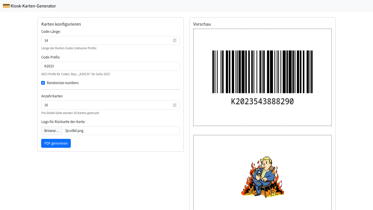 Website, links Eingabefelder für Anzahl und Aufbau der Kiosk-Karten, rechts eine Vorschau vom Barcode und der Karten-Rückseite