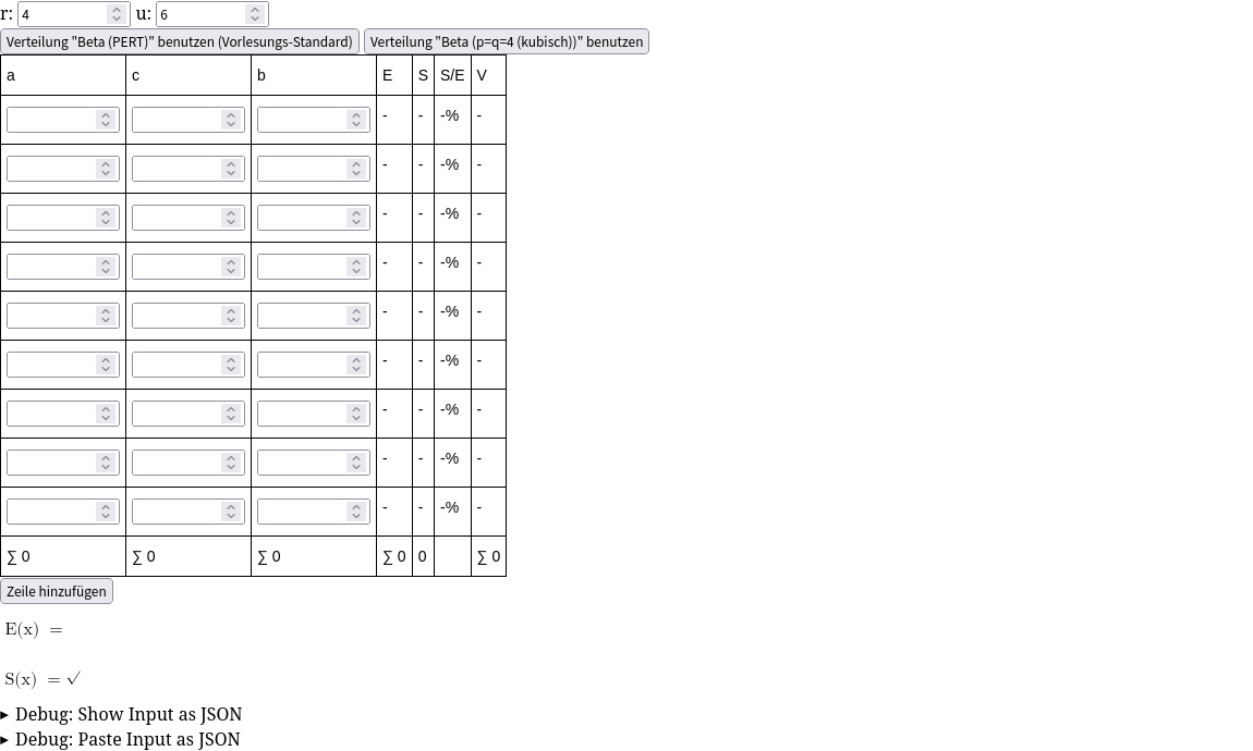 Tabelle mit Zahlen, darunter eine mathematische Formel